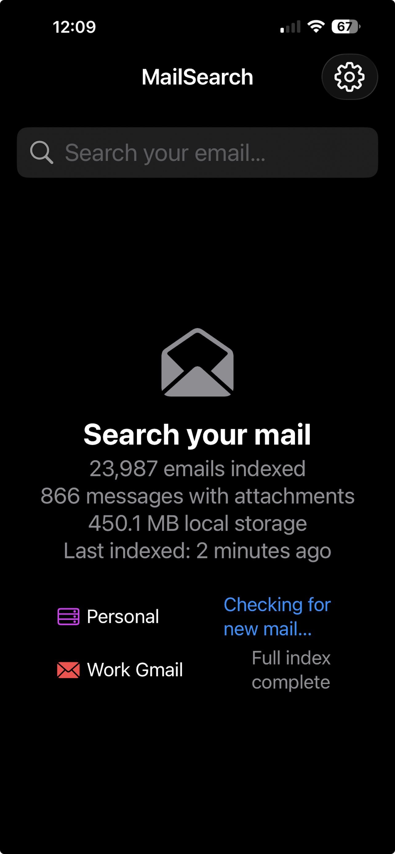 MailSearch home screen showing 23,987 emails indexed across two connected mail accounts, with the search bar at the top