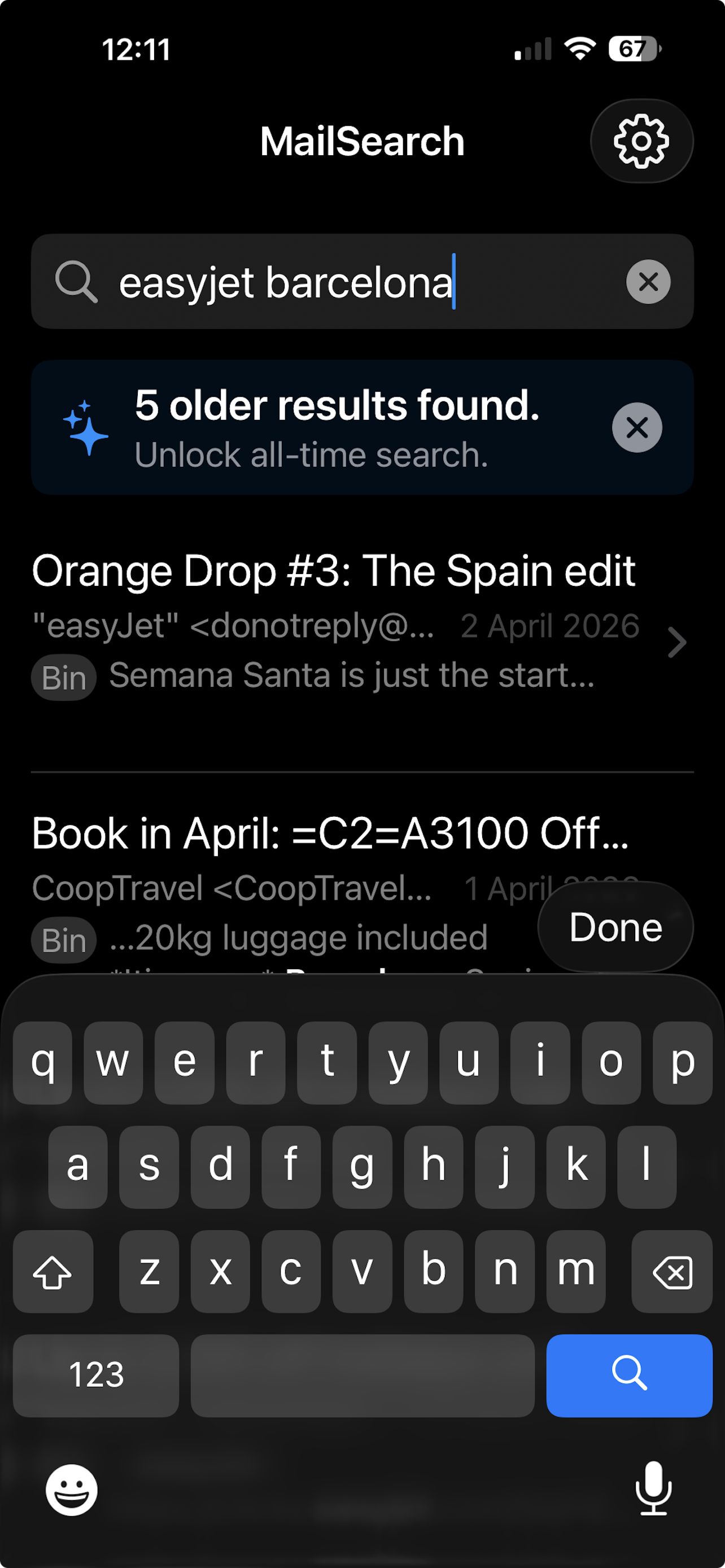 MailSearch search results for the query &ldquo;easyjet barcelona&rdquo;, showing matched messages with sender and date