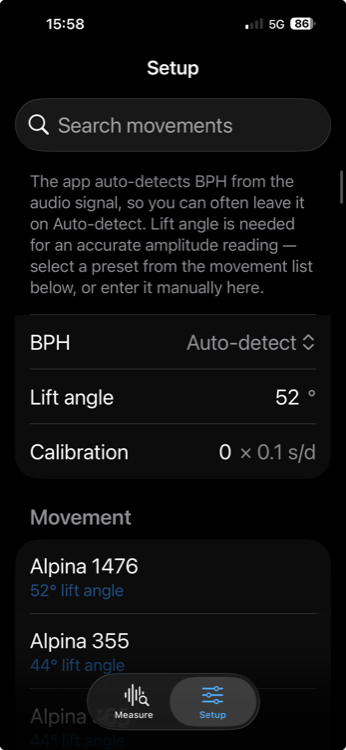 TG Timer Setup screen: searchable movement presets with BPH auto-detect and lift-angle settings